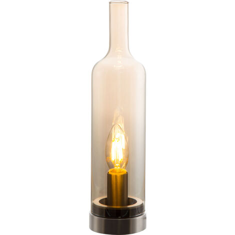 Tischlampe Tischleuchte Nachttischleuchte Flasche Wohnzimmerlampe Beistellleuchte Schlafzimmerlampe, Metall Glas amber, 1x E14, H 33 cm