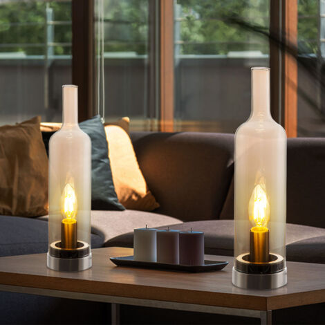 Tischlampe Tischleuchte Nachttischleuchte Flasche Wohnzimmerlampe Schlafzimmerlampe, Metall Glas amber, 1x E14, H 33 cm, 2er Set