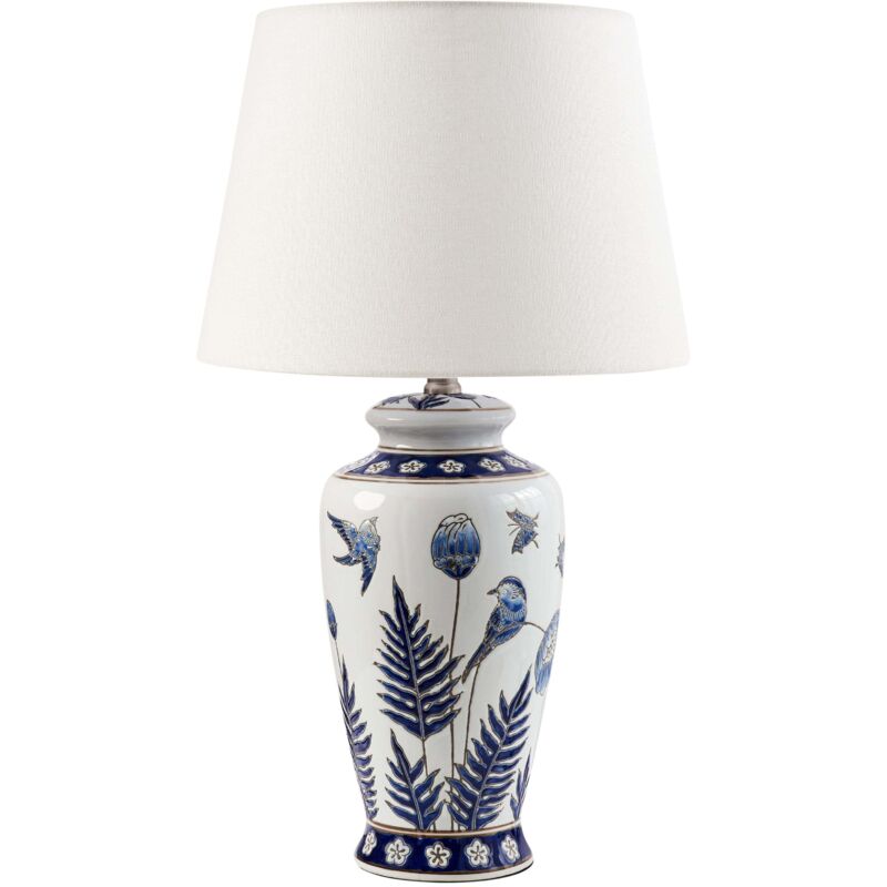 Beliani Tischlampe Weiß Und Blau Porzellansockel Leinen-trommelschirm Mit Blumenmuster Beleuchtung Stilvoll