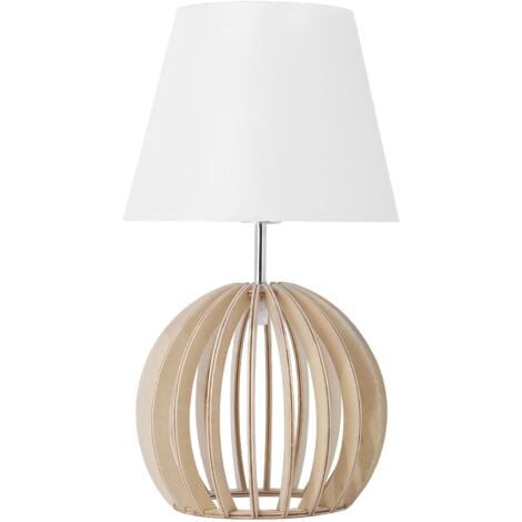 Tischlampe Weiß Holz 41 cm Stoffschirm Lampenfuß in Gitteroptik Kabel mit Schalter Landhausstil