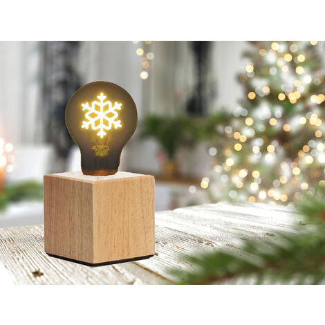 Tischlampe Würfel Holz Eiche mit Deko LED Glühbirne Schneeflocke, Quadrat 9cm