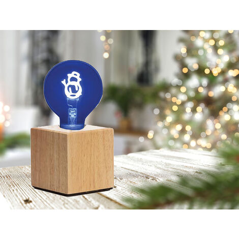 Tischlampe Würfel Holz Eiche mit Deko LED Glühbirne Schneemann, Quadrat 9cm