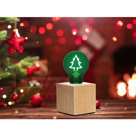Tischlampe Würfel Holz Eiche mit Deko LED Glühbirne Tannenbaum, Quadrat 9cm