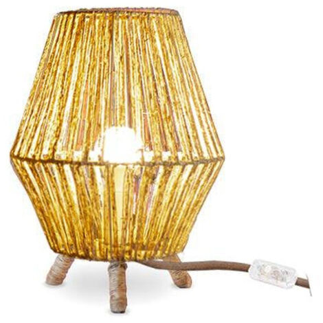 Tischleuchte Dreibein Rattan Ø 25,5 cm H: 32,5 cm klein in Natur E27 Kabel Schalter Beistell Lampe Nachttischlampe