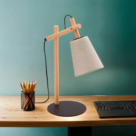 Tischleuchte Holz Stoff E27 Natur Grau-Beige 46 cm hoch Skandinavisch Schreibtischlampe Nachttischlampe