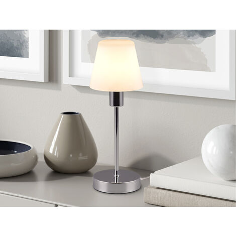 Tischleuchte LUIS II, Glasschirm Weiß Sockel Chrom - Touchfunktion, Höhe 32cm