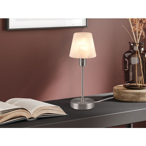 Tischleuchte LUIS II, Glasschirm Weiß Sockel Silber - Touchfunktion, Höhe 32cm