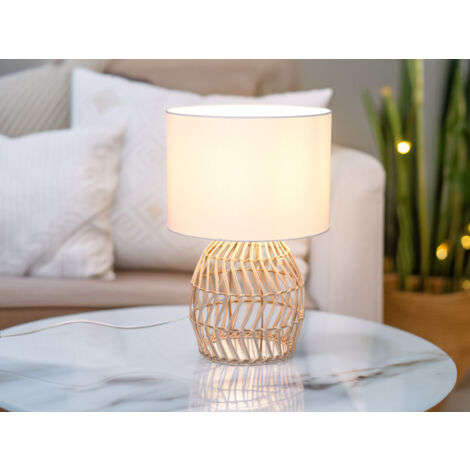 Tischleuchte RIKE mit Rattan Geflecht & Stoffschirm in Weiß, Höhe 38cm