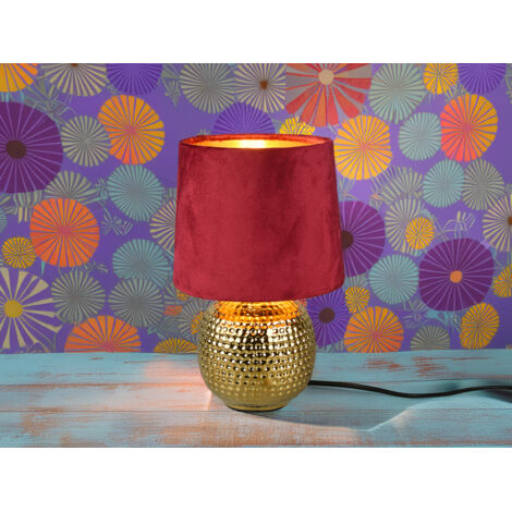 Tischleuchte SOPHIA mit Keramikfuß & Samtschirm Rot - Gold, Höhe 26cm