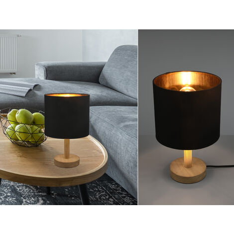 Tischleuchte Stoff Lampenschirm Schwarz/Gold & Holz Fuß, Höhe 34cm
