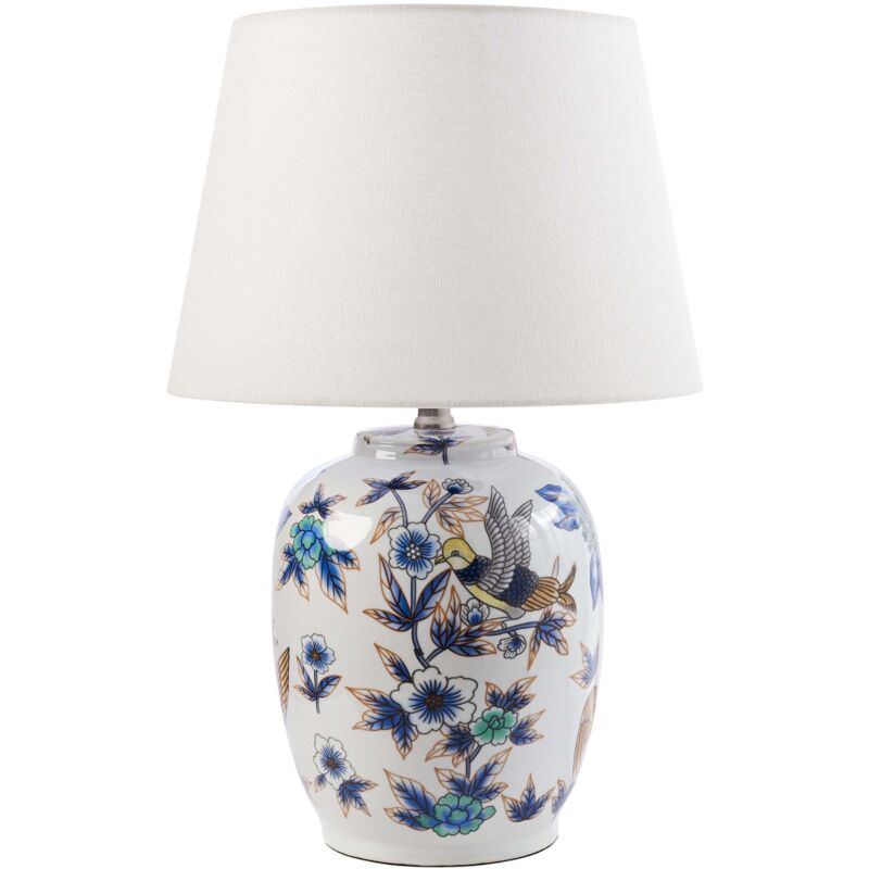Beliani - Tischlampe Weißer Und Blauer Porzellansockel Leinen-trommelschirm Mit Floralem Muster Beleuchtung Stilvoll
