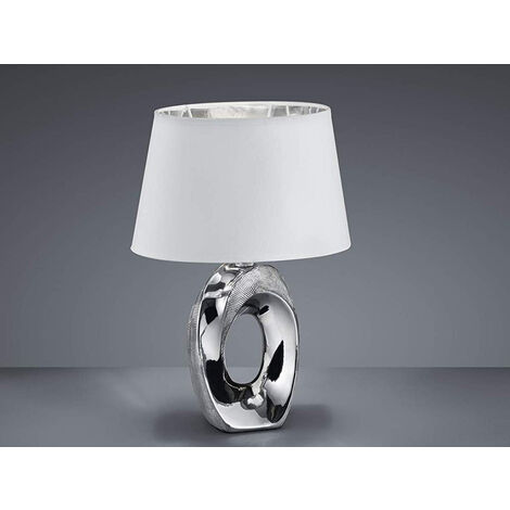 Tischleuchte TABA Keramik Silber - Stoffschirm Weiß, Höhe 33cm