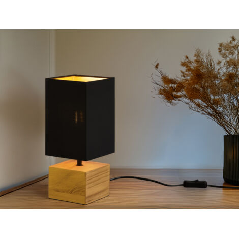 Tischleuchte WOODY mit Holzfuß Stoffschirm Schwarz / Gold, Höhe 30cm