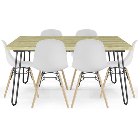 Tischset Hairpin (90x150 cm) + 6 Essstühle Nordische Skögur Weiß