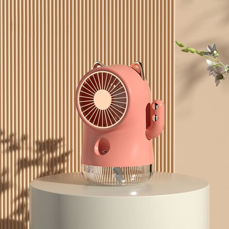 Tischventilator in Katzenform mit Sprühfunktion, 3 Geschwindigkeitsstufen, kleiner Ventilator für Zuhause, Büro und Reisen, Rosa