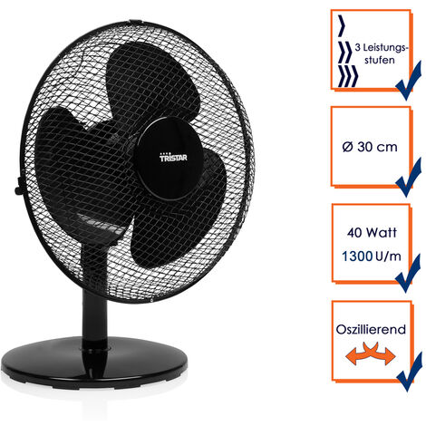 Tischventilator Schwarz Ø 30cm 3-Stufen 1489,2m³/Std Oszillierend