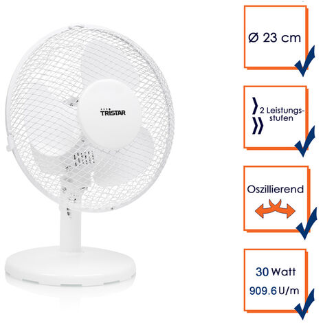 Tischventilator Weiß Ø 23cm 2-Stufen, 909,6m³/Std. Oszillierend