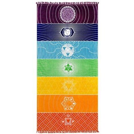 Tissu En Microfibre De Coton BohêMe Inde Mandala Plage Couverture 7 Chakra Arc-En-Ciel Tapisserie Murale Serviette De Plage De Bain De Tapis De Yoga Avec Pompons, 150 X 75 Cm