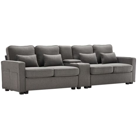 Tissu Lin canapé moderne 4 places avec console 2 porte - gobelets 2 ports USB 4 coussins gris foncé