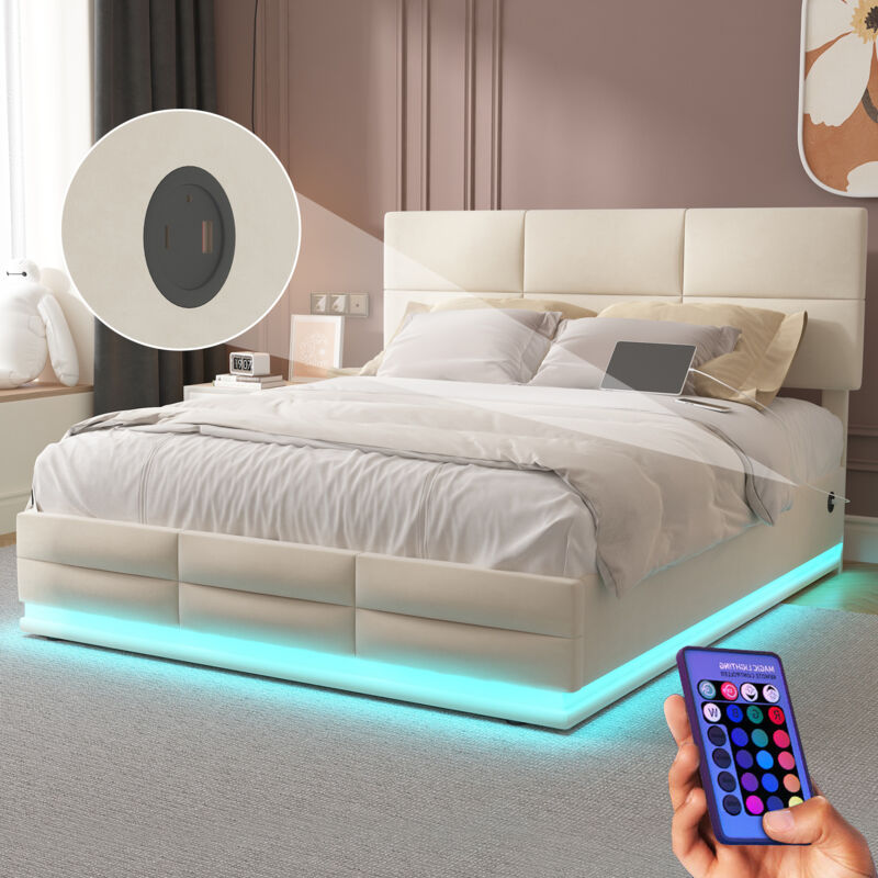 Lit atulte 160 x 200 cm, avec usb Type c et éclairage led, avec sommier à lattes, espace de rangement, en velours, beige