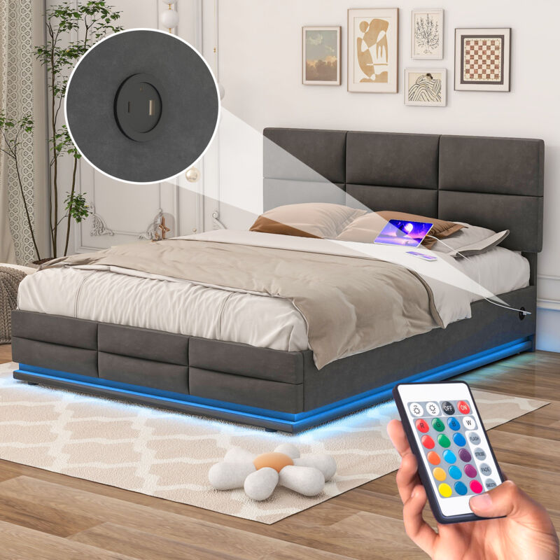Lit atulte 140 x 200 cm, avec usb Type c et éclairage led, avec sommier à lattes, espace de rangement, en velours, gris