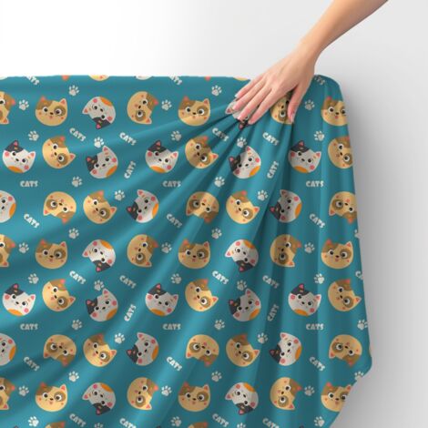 Tissu velours royal polyester à coudre - Motif chats et pattes sur fond bleu