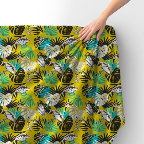 Tissu velours royal polyester à coudre - Motif feuilles sur fond jaune