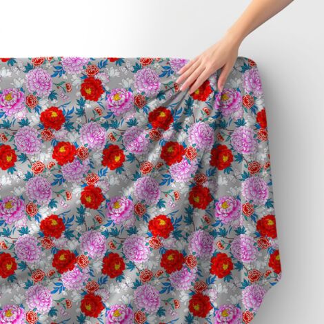 Tissu velours royal polyester à coudre - Motif pivoines roses et blanches