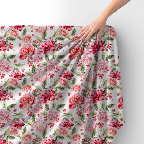 Tissu velours royal polyester à coudre - Motif roses et groseilles