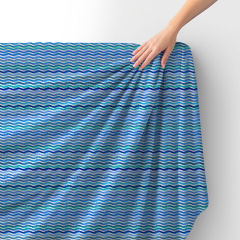 Tissu velours royal polyester à coudre - Motif zigzag bleu ondulé