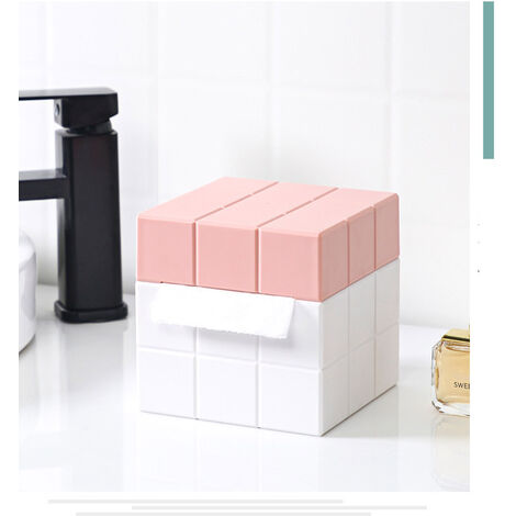 Tissue Box Holder Leather Square Facial Tissue Box Cover Pumping Paper Case Dispenser, Magic Cube Napkin Holder for Bathroom Vanity Countertops, Bedroom Dressers, Night Stands, Desks and Tables（white， pink）