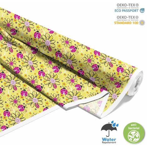 TISSUS DÉCORATIFS D'EXTÉRIEUR OXFORD - Motif fleurs et coccinelles sur fond jaune I DX631