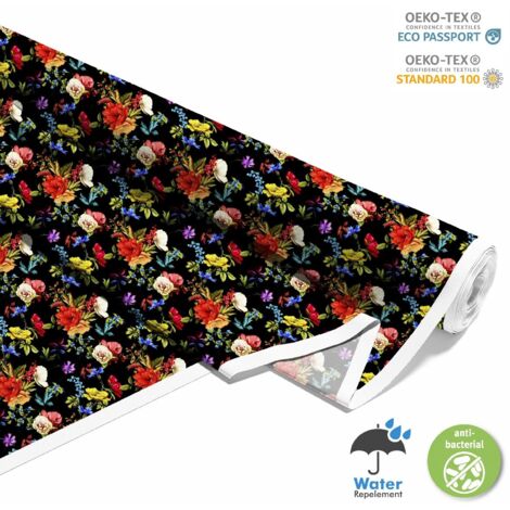 TISSUS DÉCORATIFS D'EXTÉRIEUR OXFORD - Motif fleurs peintes sur fond noir I DX171