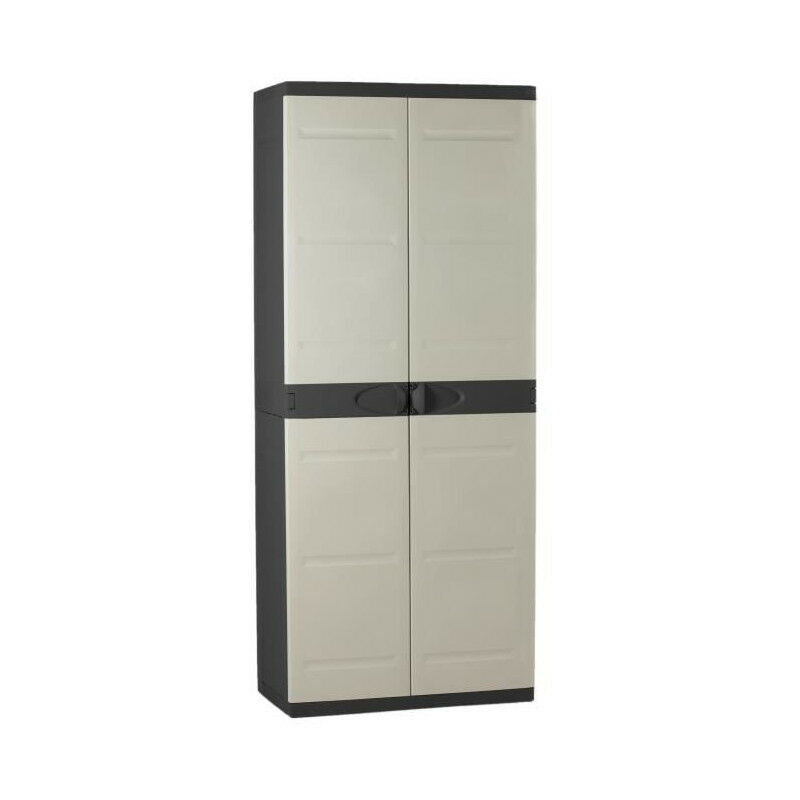 TITANIUM PLASTIKEN Armoire haute 2 portes avec étageres - 70 x 44 x 176 cm - Beige et Noir - Gamme TITANIUM - Intérieur et Extérieur