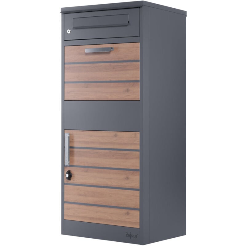 Boîte aux lettres avec compartiment pour paquet RAL9007 Anthracite avec éléments aspect bois marron foncé et protection anti-vol - Zelsius