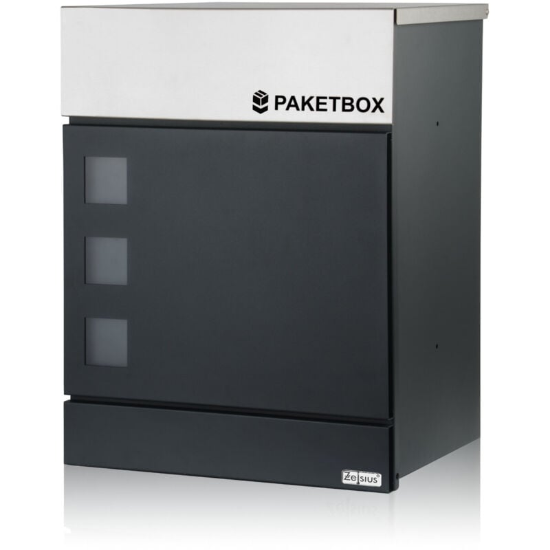 Boîte aux lettres Zelsius Jordan avec compartiment à paquets, acier revêtu par poudre, RAL7016 anthracite, acier inoxydable