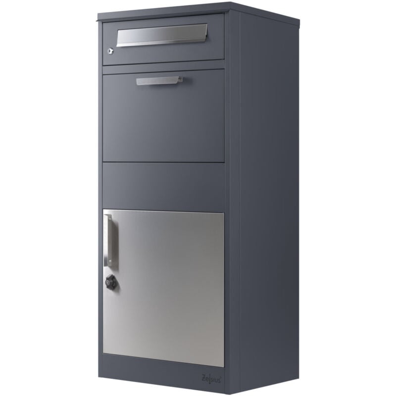 Boîte aux lettres avec compartiment pour paquet RAL9007 anthracite, Boîte à lettres en acier avec protection anti-vol et 2 ouvertures d'insertion