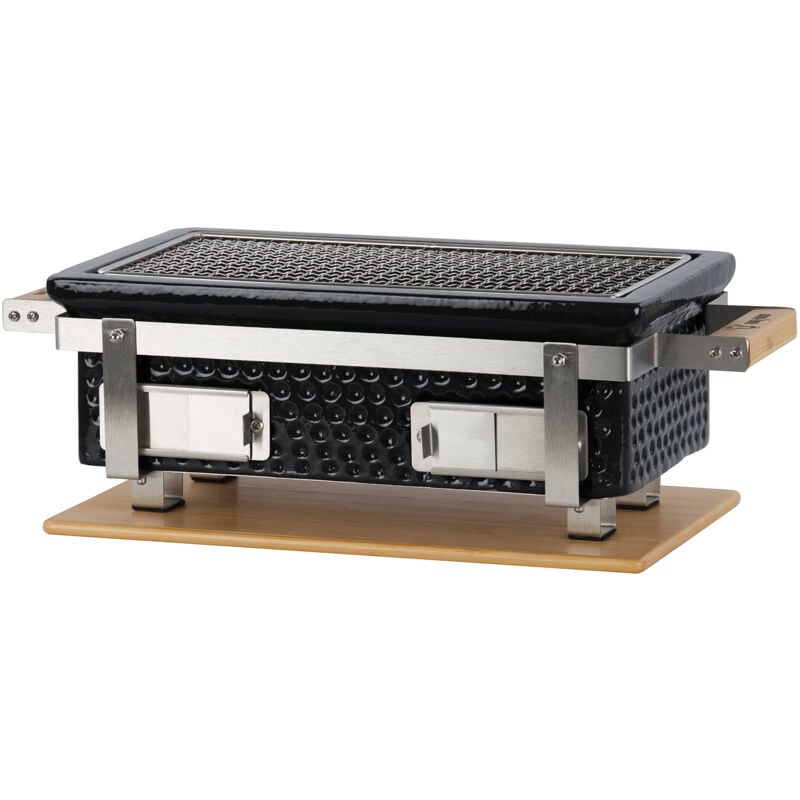 Bbq-toro - Céramique Barbecue de table au charbon de bois avec support en bois Noir Barbecue Hibachi d'extérieur pour le camping