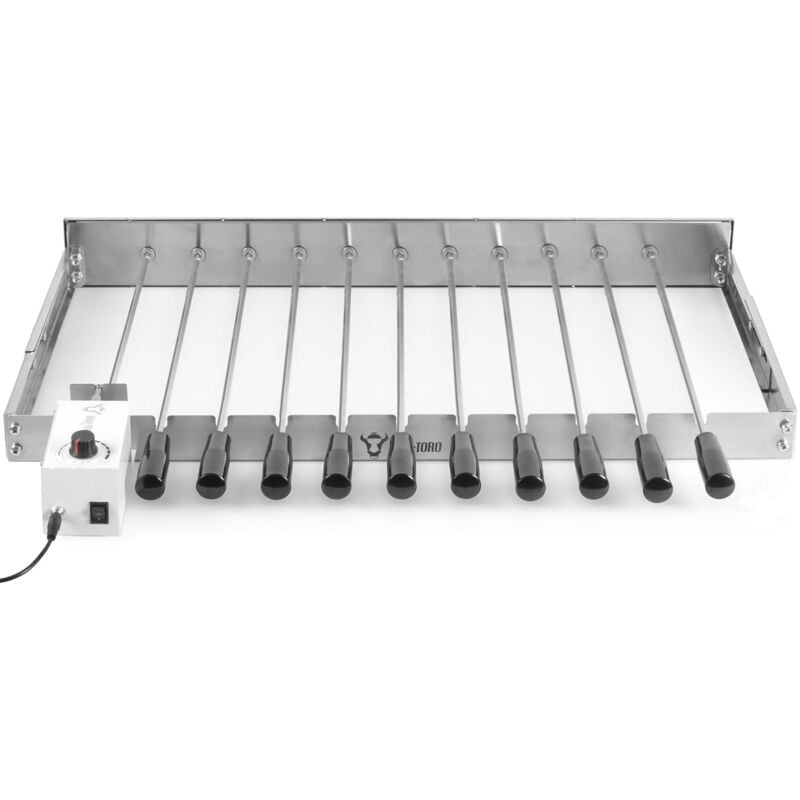 Gril en acier inoxydable avec 11 brochettes et moteur à l'avant gauche cadre réglable en taille (l) 70 x (p) 26-40 cm électrique - Bbq-toro