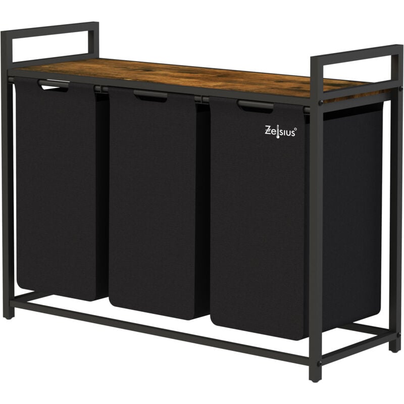 Collecteur de linge Zelsius 3 compartiments, noir, 92,5 x 33 x 72 cm, panier à linge avec étagère, collecteur de linge sale