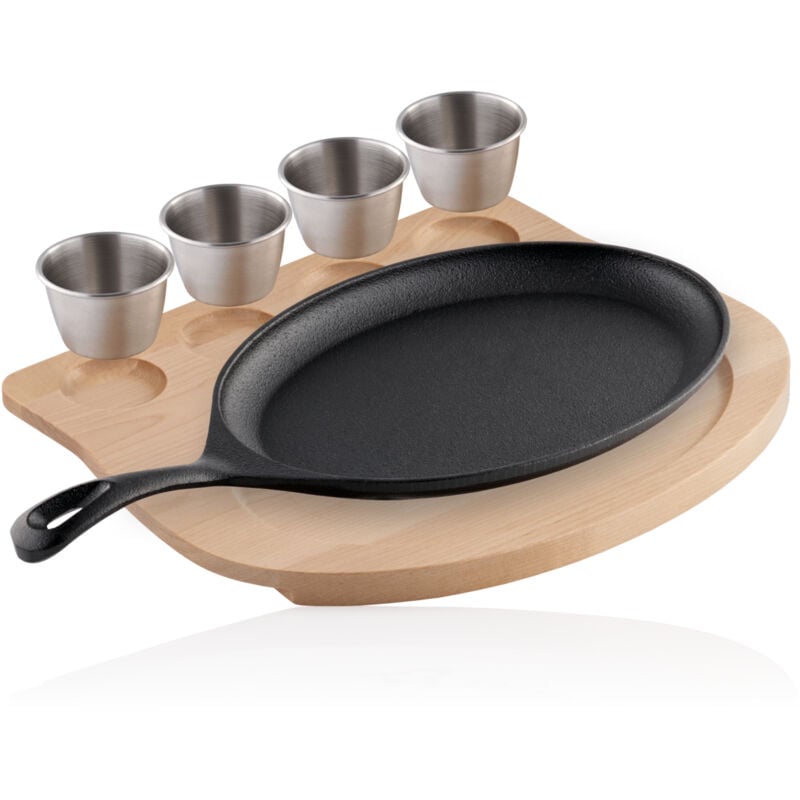 Poêlon de service en fonte avec coupelles à tremper en acier inoxydable et support en bois 24 x 17,5 cm - ovale - Bbq-toro