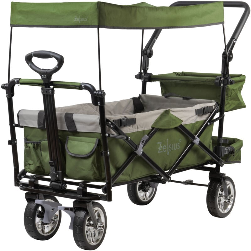 Bollerwagen pliable avec toit, vert / gris, chariot de transport avec système de sangles, chariot de plage - Zelsius