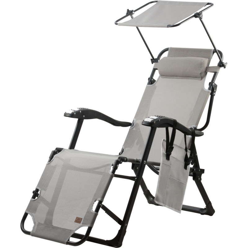 Chaise longue avec toit, grise, Chaise longue de camping avec bras rouleaux de massage, Chaise longue de jardin avec toit solaire - Campfeuer