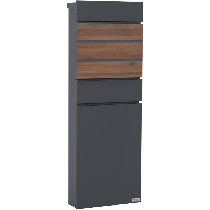 Zelsius - Boîte aux lettres avec compartiment pour les journaux, boîte aux lettres sur pied, anthracite (RAL7016) avec aspect bois (noyer)