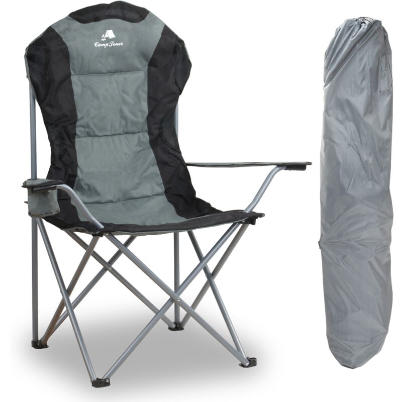 CampFeuer Chaise de camping pliante, grise, chaise de pêche avec porte-gobelet, chaise pliante, chaise de pêche