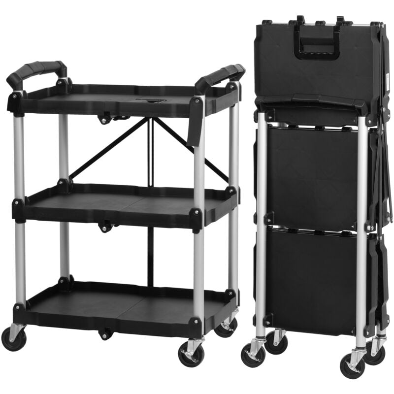 Chariot de service Mahlzeit pliable avec roulettes, supporte jusqu'à 150 kg, 3 étages d'étagères de stockage, noir.