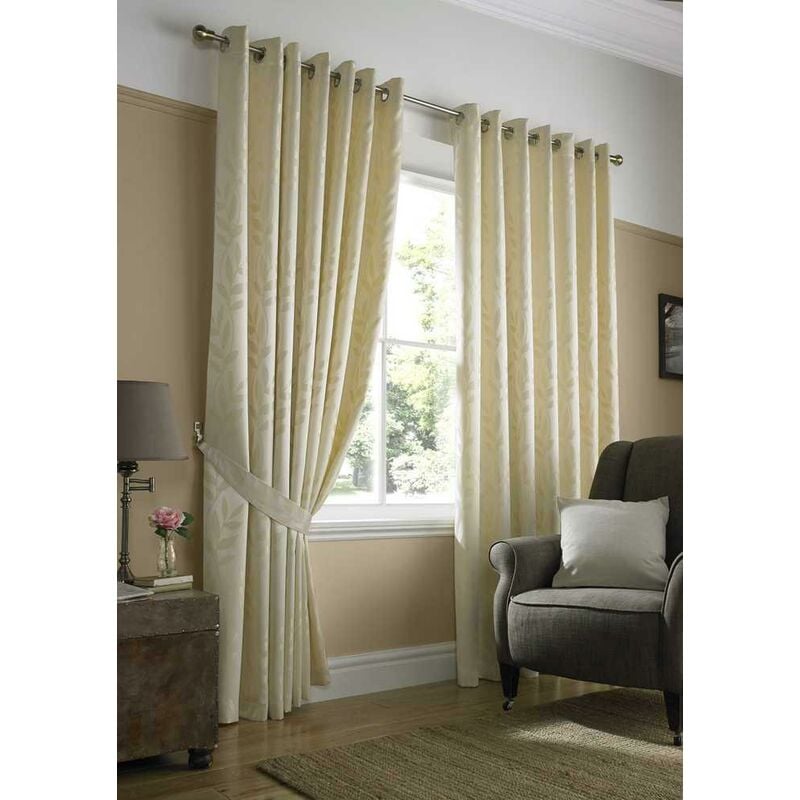 Tivoli, Cream Lined Curtains, Trailing Leave Floral Jacquard Design, Ready Made Eyelet Curtain Pairs, 90' x 90'