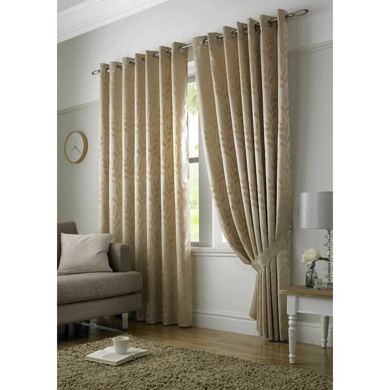 Tivoli, Latte Lined Curtains, Trailing Leave Floral Jacquard Design, Ready Made Eyelet Curtain Pairs, 66' x 72'