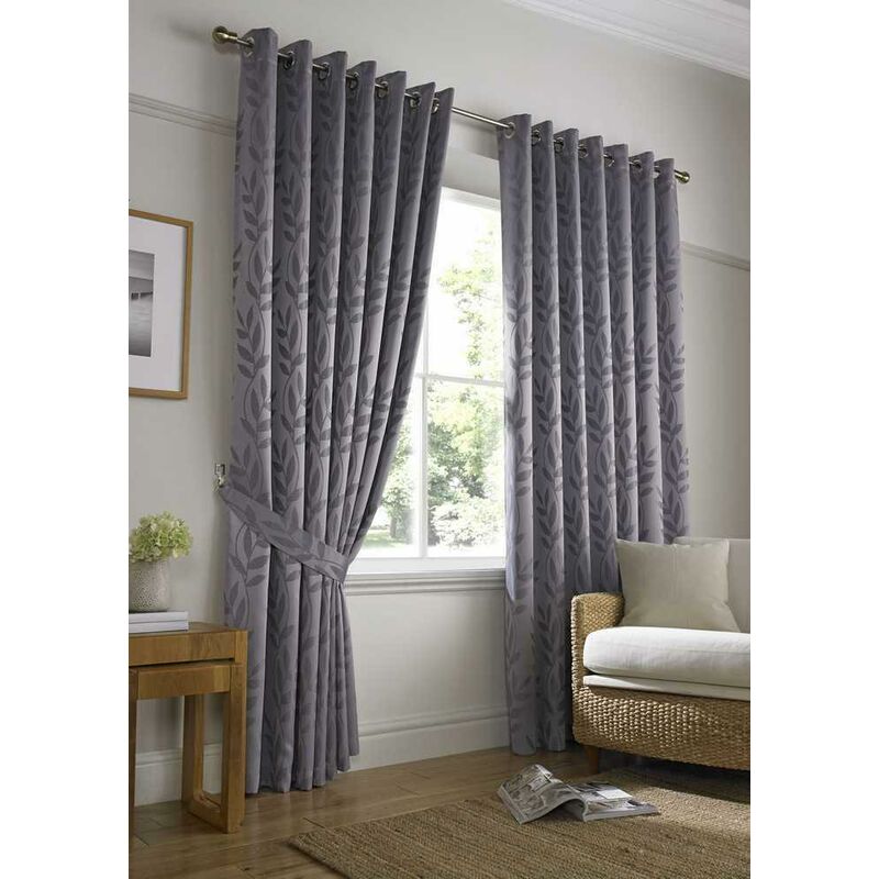 Tivoli, Silver Lined Curtains, Trailing Leave Floral Jacquard Design, Ready Made Eyelet Curtain Pairs, 66' x 72'