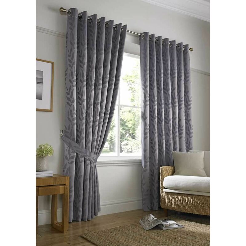 Tivoli, Silver Lined Curtains, Trailing Leave Floral Jacquard Design, Ready Made Eyelet Curtain Pairs, 66' x 90'